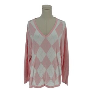 Tommy Hilfiger Argyle Sweater Pink White V-Neck 100% Cotton 0X